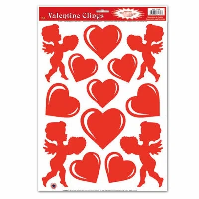 Beistle Heart & Cupid Clings - 12" X 17" Sh - Pack Of 12 In Red