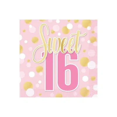 Beistle Pink & Gold Sweet 16 2-ply Beverage Napkins, 16 Napkins/package In Gold;pink