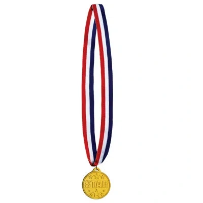 Beistle Star Medal With Ribbon - 30" With 2" Medal - Pack Of 12 In Gold