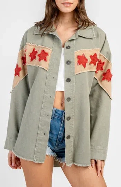 Beivy Denim Star Patch Shirt Jacket In Green