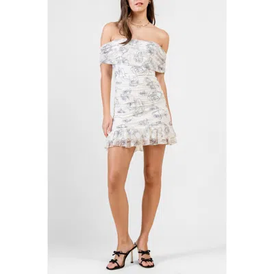 Beivy Floral Mesh Off The Shoulder Ruched Minidress In Ivory Charcoal