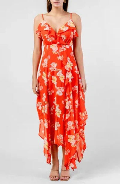 Beivy Floral Ruffle Handkerchief Hem Chiffon Maxi Dress In Multi