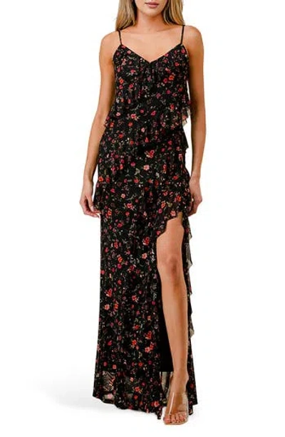 Beivy Floral Ruffle Mesh Side Slit Dress In Multi