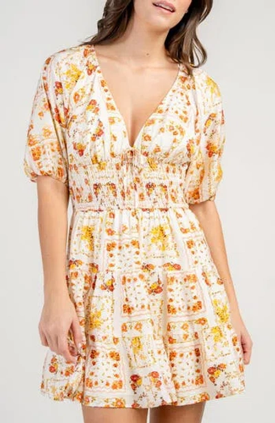 Beivy Floral Smocked Waist Minidress In Neutral