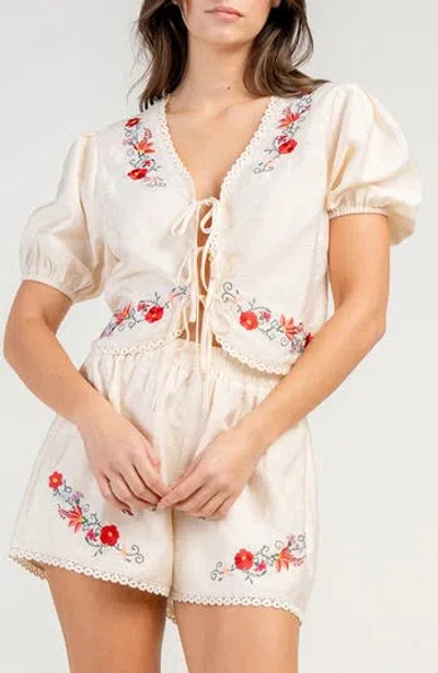 Beivy Gauze Embroidered Lace Up Top & Shorts Set In Brown