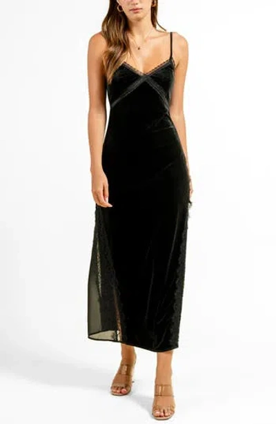 Beivy Lace Trim Velvet Slipdress In Black