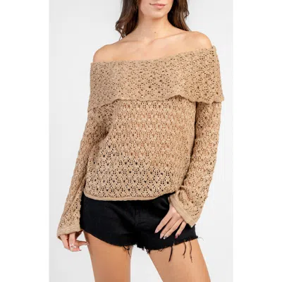 Beivy Off The Shoulder Open Stitch Sweater In Taupe