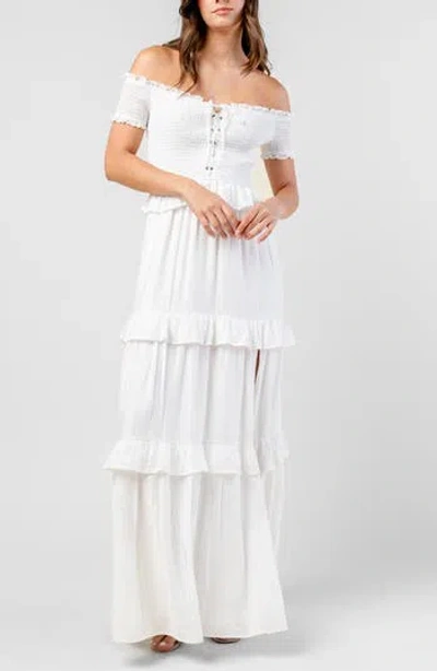 Beivy Off The Shoulder Short Sleeve Tiered Maxi Dress In White