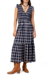 Beivy Plaid Smocked Bodice Cotton Midi Dress In Blue