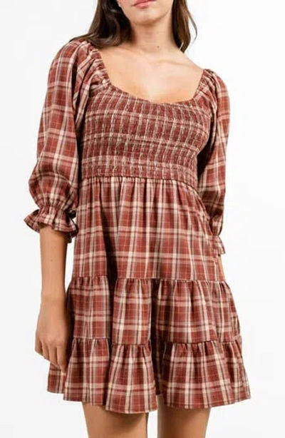 Beivy Plaid Three-quarter Sleeve Tiered Dress In Brown