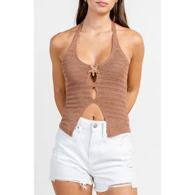 Beivy Pointelle Halter Metallic Sweater Top In Brown