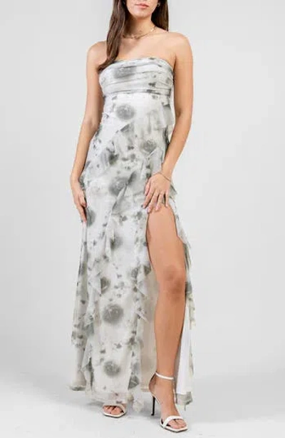 Beivy Rhinestone Ruffle Strapless Gown In Green
