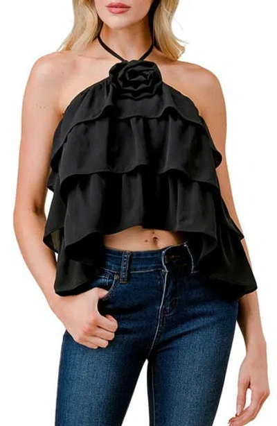 Beivy Rosette Ruffle Halter Neck Dobby Top In Black