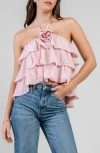 Beivy Rosette Ruffle Halter Neck Dobby Top In Pink
