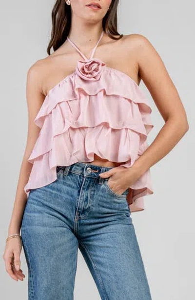 Beivy Rosette Ruffle Halter Neck Dobby Top In Pink