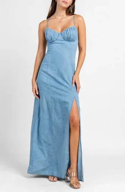 Beivy Ruched Bust Denim Maxi Dress In Blue