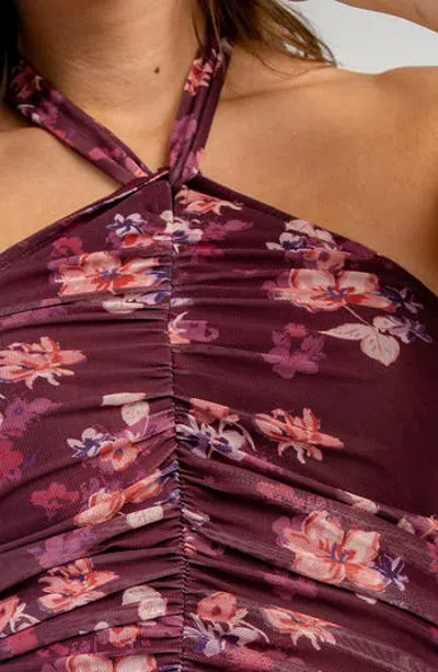 Beivy Ruched Mesh Halter Dress In Wine