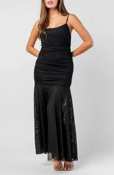 Beivy Ruched Mesh Maxi Dress In Black