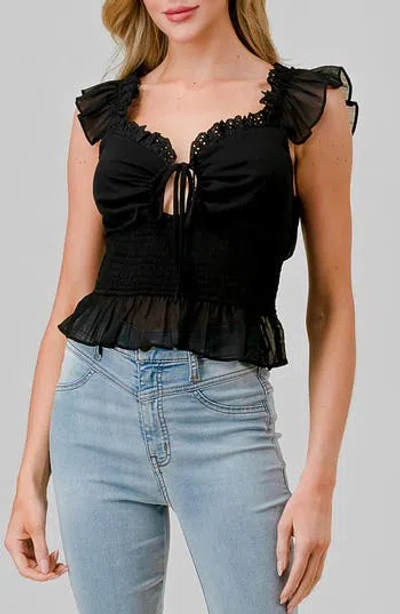Beivy Ruffle Cap Sleeve Smocked Crop Top In Black