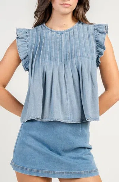 Beivy Ruffle Sleeve Washed Denim Top In Blue