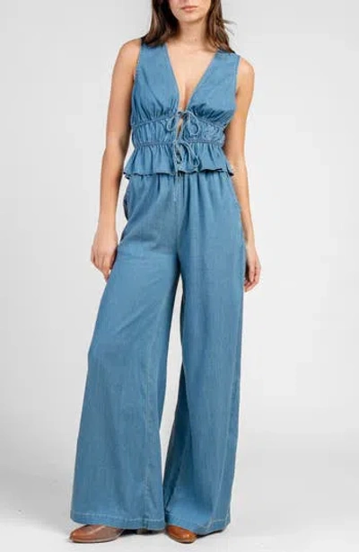 Beivy Shirred Wide Leg Chambray Jumpsuit In Blue