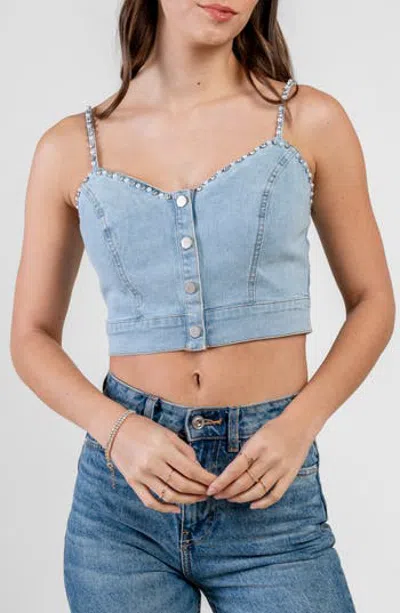 Beivy Studded Stretch Denim Crop Top In Lt Denim