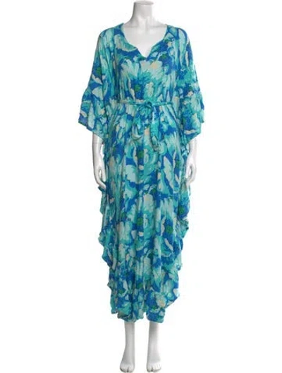 Pre-owned Bel Kazan Floral Print Long Dress In Blue