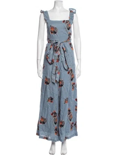 Pre-owned Bel Kazan Floral Print Square Neckline Jumpsuit In Blue