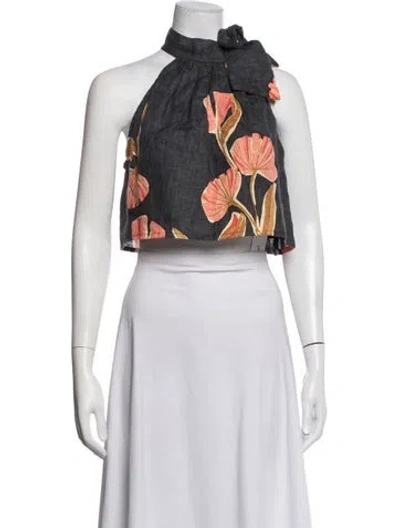 Pre-owned Bel Kazan Linen Floral Print Crop Top In Multicolor