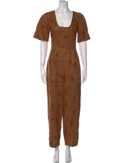 Pre-owned Bel Kazan Linen Scoop Neck Jumpsuit W/ Tags In Brown