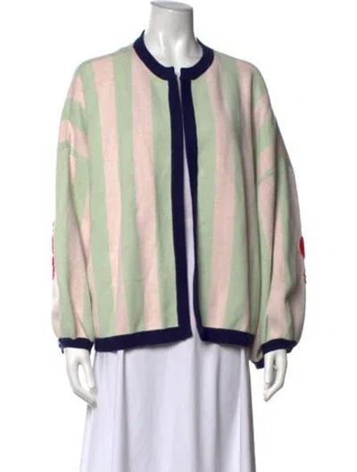 Pre-owned Bel Kazan Striped Open Front Sweater In Green
