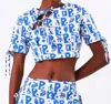 Bela Brand Cropped Bows Top In Kozmo Blue In Multi