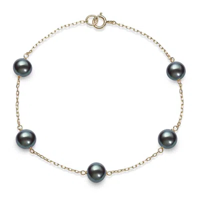 Belacqua 6.0-6.5mm Black Cultured Freshwater Pearl 7.5 Inches Tin Cup Station Bracelet In 10k Yellow