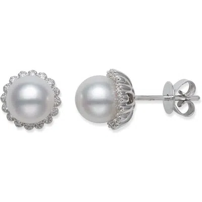 Belacqua Aaa 7.0-8.0mm White Freshwater Cultured Real Pearl Halo Diamond Stud Earrings In 14k White