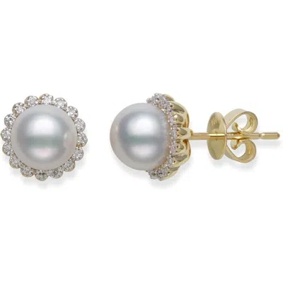 Belacqua Aaa 7.0-8.0mm White Freshwater Cultured Real Pearl Halo Diamond Stud Earrings In 14k Yellow