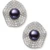 Belacqua Black Cultured Freshwater Button Pearl With Halo Cubic Zirconia Stud Earring In Sterling Si In Multi