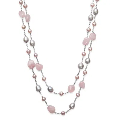 Belacqua Natural Rose Quartz With Freshwater Pearl Layered Station Necklace In Sterling Silver In Pink