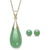 Belacqua Natural Teardrop Jade Pendant Necklace With Round Stud Earrings Set In 10k Gold In Green