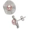Belacqua Pink Cultured Freshwater Button Pearl With Halo Cubic Zirconia Stud Earring In Sterling Sil In Metallic