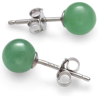 Belacqua Round Natural Green Jade Gemstone Stud Earrings In Sterling Silver