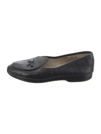 Pre-owned Belgian Shoes Embossed Leather Bow Accents Loafers In Blue