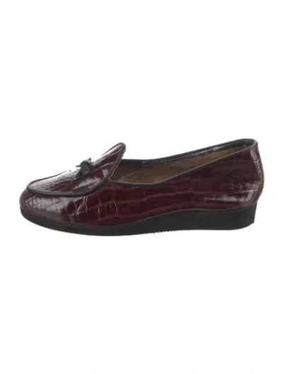 Pre-owned Belgian Shoes Embossed Leather Bow Accents Loafers In Burgundy