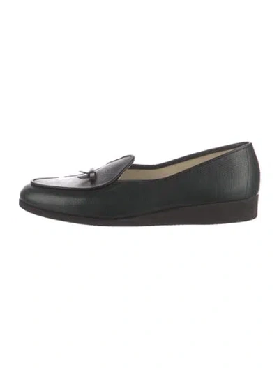 Pre-owned Belgian Shoes Embossed Leather Bow Accents Loafers In Green