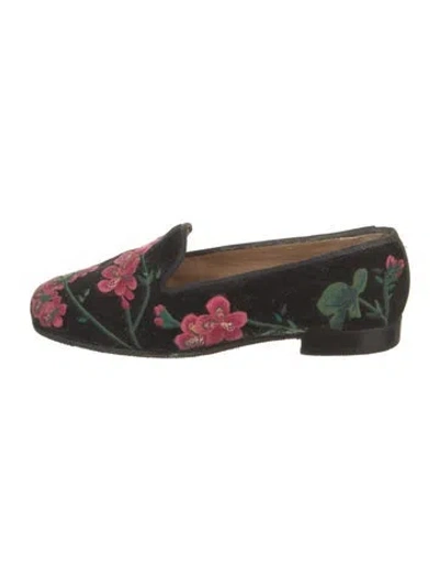 Pre-owned Belgian Shoes Velvet Floral Print Loafers In Green