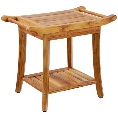 Belgyan Teak Shower Bench, 22 X 14.4 X 18.5 In, Waterproof Wood Shower Stool With Storage Shelf Handle Non-s In Brown
