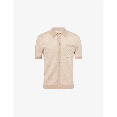 Belier Mens Block Print Short-sleeves Wool Shirt Beige
