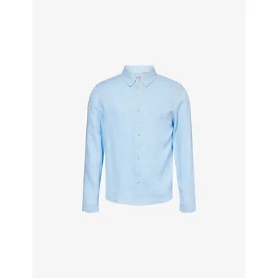 Belier Mens Brand-embroidery Regular-fit Linen Shirt Sky Blue