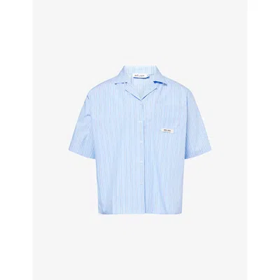 Belier Mens Striped Camp-collar Cotton-poplin Shirt Blue Xl