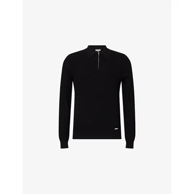 Belier Mens Black Textured-knit Half-zip Cotton Polo Top Xs