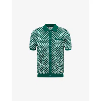 Belier Mens Green Block-print Short-sleeve Merino-wool Shirt